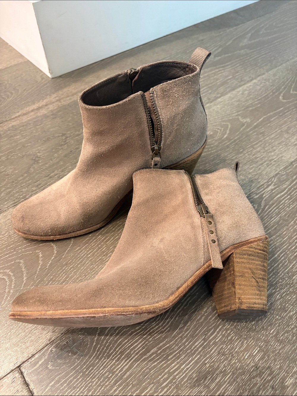 rag & bone Taupe Suede Ankle Booties with Stacked Wood Heel